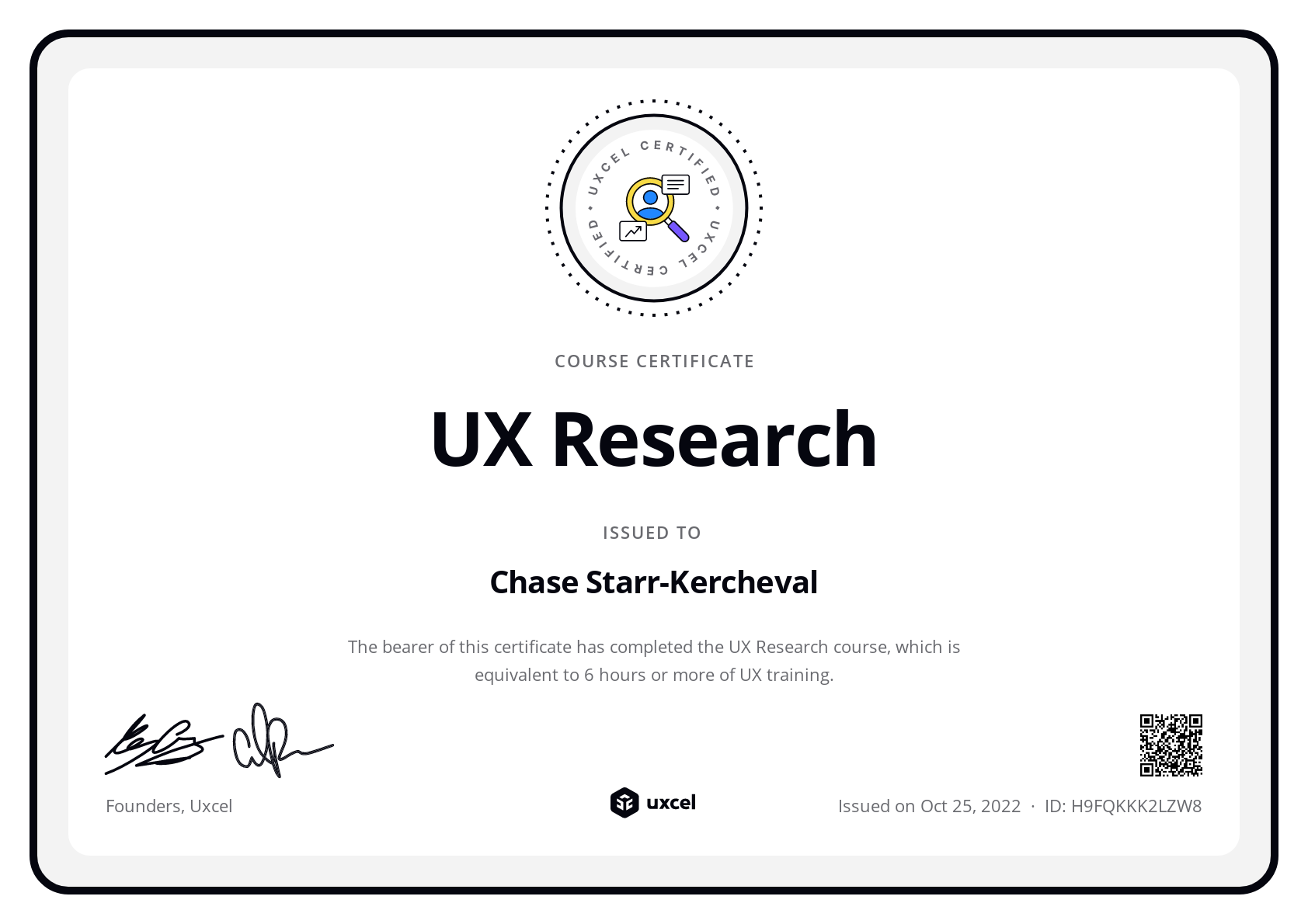 Chase Starr-Kercheval's certificate